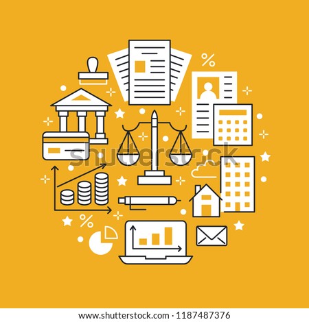 Financial accounting circle poster flat line icons. Bookkeeping brochure concept, tax optimization, firm accountant, payroll, real estate crediting. Accountancy, finance vector signs legal services.