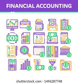 Financial Accounting Collection Vector Icons Set Thin Line. Money Dollar Sings On Smartphone Display And Magnifier, Web Site And Laptop Financial Concept Linear Pictograms. Color Contour Illustrations