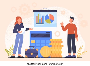 Financial accounting concept. Man and woman analyze income and expenses of family. Saving money, paying bills and taxation. Cartoon modern flat vector illustration isolated on pink background