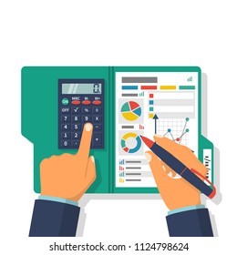 Financial accounting concept. Organization process, analytics, research, planning, report, market analysis. Flat style vector. Businessman holding pen, clipboard financial tables, graphs.