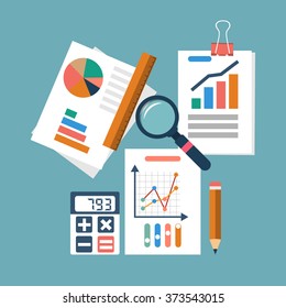 Financial accounting concept. organization process, analytics, research, budget planning, report, market analysis. Flat Style. Vector illustration