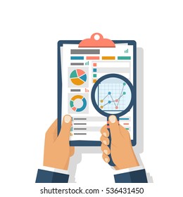 Financial accounting concept. Organization process, analytics, research, planning, report, market analysis. Flat style vector. Businessman holding magnifying glass, clipboard financial tables, graphs.