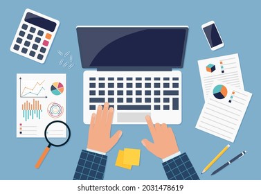 Financial Accounting Desk. Top View Of A Table, Laptop, Folder, Documents, Notepad, Business Card, Books, Coffee, Business, Organization. Eps 10