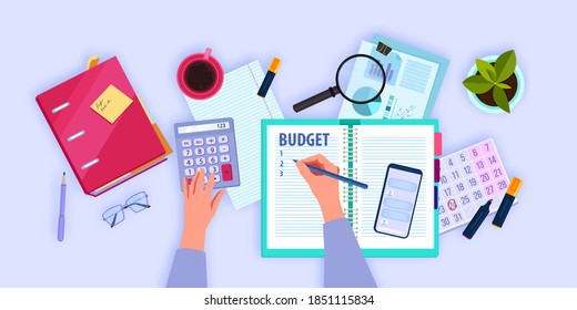 Financial accounting flat lay concept with hands managing and planning family budget. Personal monthly audit top view illustration with smartphone, workplace, folder. Budget planning background 