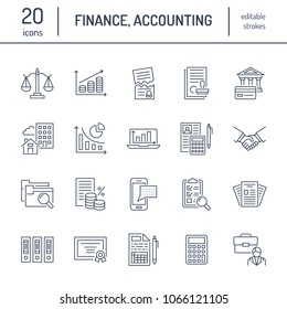 Financial Accounting Flat Line Icons. Bookkeeping, Tax Optimization, Firm Dissolution, Accountant Outsourcing, Payroll, Real Estate Crediting. Accountancy Finance Thin Linear Signs For Legal Services.