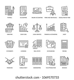 Financial accounting flat line icons. Bookkeeping, tax optimization, firm dissolution, accountant outsourcing, payroll, real estate crediting. Accountancy finance thin linear signs for legal services.