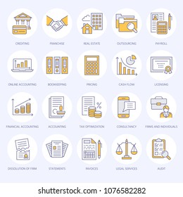 Financial accounting flat line icons. Bookkeeping, tax optimization, firm dissolution, accountant outsourcing, payroll, real estate crediting. Accountancy finance thin linear signs for legal services.