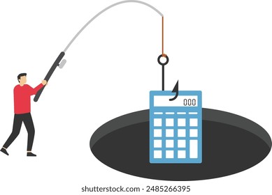 Financial accounting fraud. Businessman takes a calculator from a bear trap. Vector

