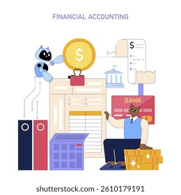 Financial accounting illustration highlighting essential business processes. Visual elements include a calculator, bank card, financial documents, and a character managing finances for effective