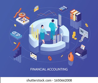 Financial accounting isometric background with calculator tax cash report graphs and charts icons vector illustration