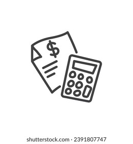 Financial accounting line icon. Money document and calculator linear style sign for mobile concept and web design. Budget planning outline vector icon. Symbol, logo illustration. Vector graphics