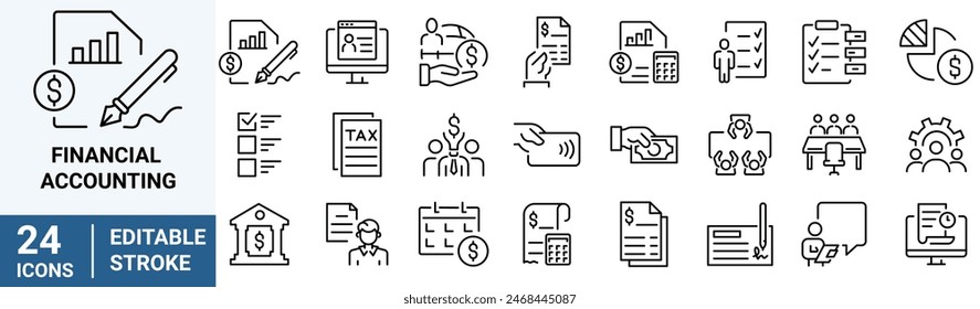 Financial Accounting line web icons Money and Coins. Audit, financial report editable stroke outline icons set