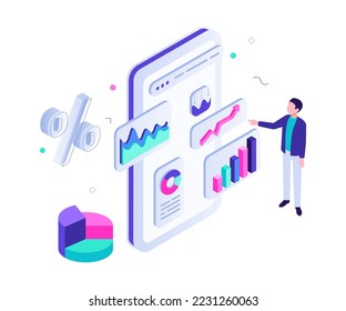 Financial accounting. Man worker analyzing digital graphs, diagrams and charts on tablet screen. Modern technology display with report or statistics information vector illustration