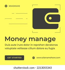 Financial accounting money manage purchase payment wallet monochrome yellow social media post vector illustration. Business banking commercial earnings wage salary budget balance investment