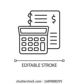 Financial accounting pixel perfect linear icon. Inventory management, bookkeeping, audit. Thin line customizable illustration. Contour symbol. Vector isolated outline drawing. Editable stroke