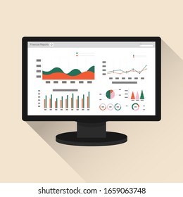 Concepto de informe de contabilidad financiera en la pantalla del ordenador. objetos de oficina para planificación y contabilidad, análisis, auditoría, gestión de proyectos, comercialización e investigación ilustraciones vectoriales