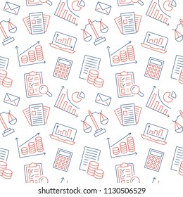 Financial Accounting Seamless Pattern With Flat Line Icons. Bookkeeping Background, Tax Optimization, Loan, Payroll, Real Estate Crediting. Accountancy, Finance Thin Linear Signs For Legal Services.