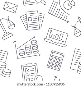 Financial accounting seamless pattern with flat line icons. Bookkeeping background, tax optimization, loan, payroll, real estate crediting. Accountancy, finance thin linear signs for legal services.