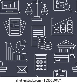 Financial accounting seamless pattern with flat line icons. Bookkeeping background, tax optimization, loan, payroll, real estate crediting. Accountancy, finance thin linear signs for legal services.