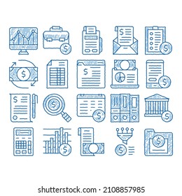 Vektorgrafik der Finanzbuchhaltung. Handgezeichnete blaue doodle line Art Money Dollar Sings on Smartphone Display and Magnifier, Website und Laptop-Finanzillustrationen
