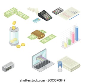 Financial Accounting with Summary, Analysis, Statement and Business Transaction Report Isometric Vector Set