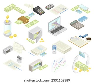 Financial Accounting with Summary, Analysis, Statement and Business Transaction Report Isometric Big Vector Set