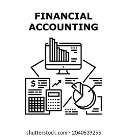 Financial Accounting Vector Icon Concept. Financial Accounting And Analyzing Annual Report. Researching Diagram And Infographic On Screen, Balance Sheet And Income Statement Black Illustration