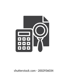 Financial accounting vector icon. filled flat sign for mobile concept and web design. Calculator with magnifier and document glyph icon. Symbol, logo illustration. Vector graphics