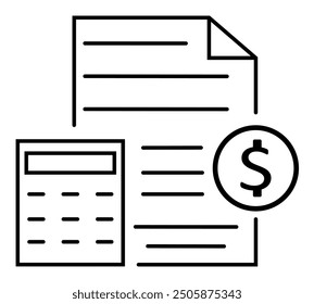 Financial accounting vector icon illustration. Money document and calculator outline icon. Linear style sign for mobile and web design concept. Pixel perfect graphics.