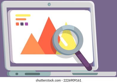 Financial accounting and work with statistic app with computer. Business process diagram and magnifier. Data analysis, audit, project management, marketing research. Analytics for graphs and charts