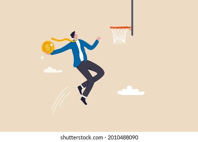 Financial Achievement, Aiming For Savings Or Investment Target, Ambition For Career Development To Increase Income Concept, Skillful Businessman Jumping Holding Money Coin To Slam Dunk Basketball Hoop