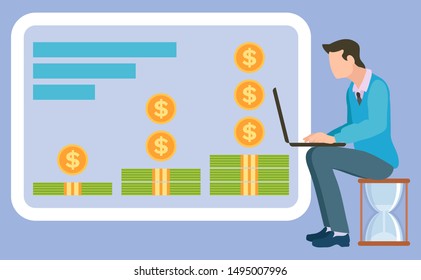 Financial activities board, stacks of money and dollar coins, man sitting on hourglass and typing on computer. Vector business education concept, time to study