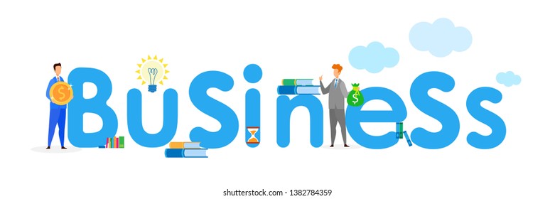 Financial Activities, Business Word Concept Banner. Professional Entrepreneurs Cartoon Character. Stock Market Trading, Successful Startup. Businessman Holding Coin, Corporate Worker with Money Bag
