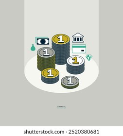 Financial activities concept poster, coin stack with different icons vector illustration, different operations with money theme.