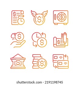 Financial activities pixel perfect gradient linear vector icons set. Bank payments. Cheque book. Wasting money. Thin line contour symbol designs bundle. Isolated outline illustrations collection