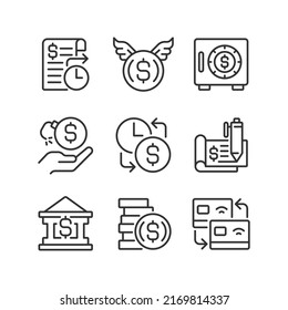 Financial Activities Pixel Perfect Linear Icons Set. Bank Payments. Cheque Book. Wasting Money. Donation. Customizable Thin Line Symbols. Isolated Vector Outline Illustrations. Editable Stroke