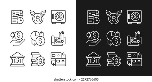 Finanzielle Aktivitäten Pixel perfekte lineare Symbole für den dunklen, hellen Modus. Bankzahlungen. Scheck Buch. Verschwenden von Geld. Dünne Liniensymbole für Nacht, Tagesthema. Einzige Illustrationen. Bearbeitbarer Hub