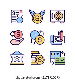 Financial activities pixel perfect RGB color icons set. Bank payments. Cheque book. Wasting money. Donation. Isolated vector illustrations. Simple filled line drawings collection. Editable stroke