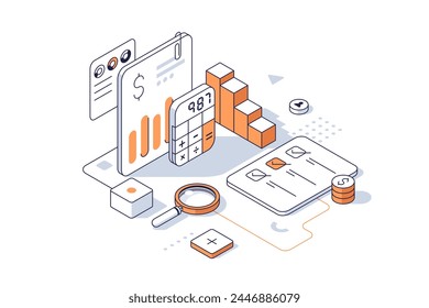 Financial activity analytics charts and  reports. Accounting service for business concept isometric line vector illustration. Audition of corporate company cartoon items colour composition