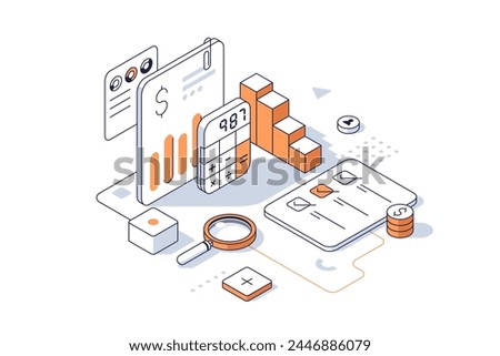 Financial activity analytics charts and  reports. Accounting service for business concept isometric line vector illustration. Audition of corporate company cartoon items colour composition