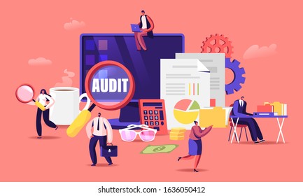 Financial Administration and Audit Concept. Consulting for Company Performance, Analysis, Statistics and Business Statement. Accounting, Report, Auditing Tax Process. Cartoon Flat Vector Illustration