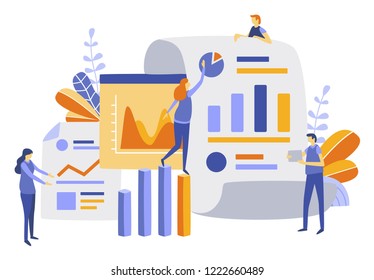 Financial administration concept. Commerce solutions for investments, analysis concept. Analysis of sales, statistic grow data, accounting infographic. Solutions for investments. Vector illustration