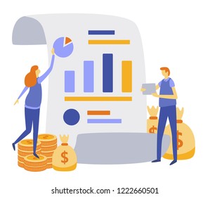Financial administration concept. Commerce solutions for investments, analysis concept. Analysis of sales, statistic grow data, accounting infographic. Solutions for investments. Vector illustration