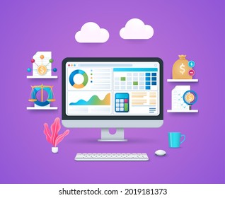 Financial administration concept. Computer with graph, diagram, calculator, calendar windows on screen. Financially related task of the organization. Web vector illustration in 3D style