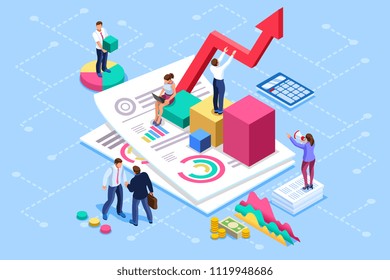 Financial administration concept. Consulting, characters at consultant meeting or auditing concept. Audit, business statement concept. Statistic plan images. Flat isometric infographics for banner.