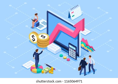 Financial administration concept. Consulting, characters at consultant meeting or auditing concept. Audit, business statement concept. Statistic plan images. Flat isometric infographics for banner.