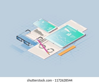 Financial administration concept. Isometric vector illustration isolated on blue background.