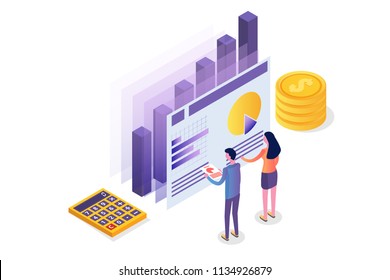 Financial administration, examiner, audit isometric concept with characters. Company tax and account. 