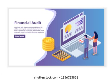 Financial administration, examiner, audit isometric concept with characters. Company tax and account. 