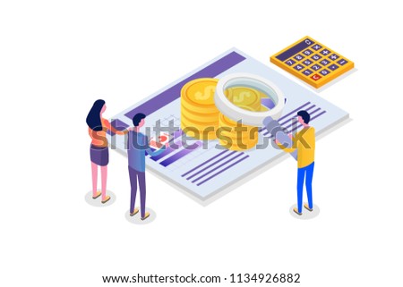Financial administration, examiner, audit isometric concept with characters. Company tax and account. 
